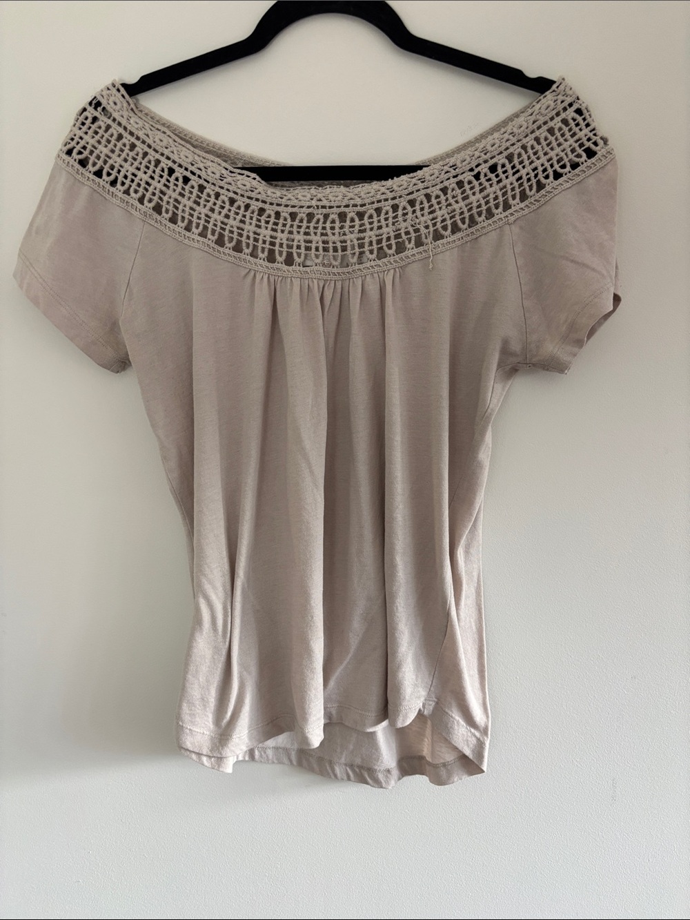 Prana Cream Off-Shoulder Crochet Yoke T-shirt